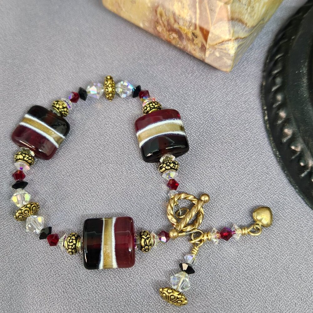 NWOT Bracelet Lampwork Glass Red Gold & White Austrian Crystals Handmade Size 7